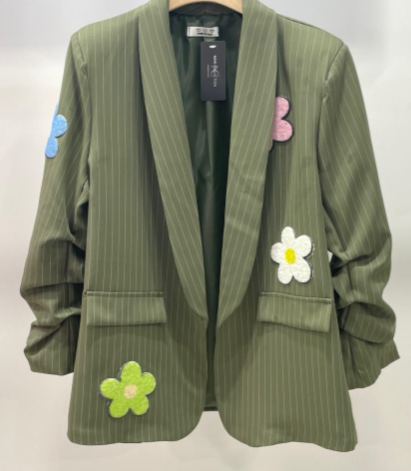 358 One Size Olive Italian Striped 3D Floral Blazer LOOWIE