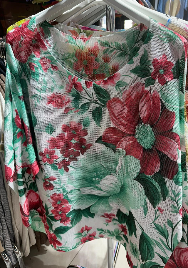 COFL6 Aqua Red Floral Round Knit Printed Sweater LOOWIE