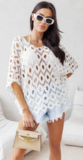 D024 Italian White Cotton Crochet Open Beach Top LOOWIE