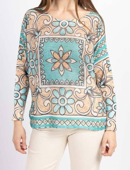 C5134 Beige Blue Floral Knit Printed Sweater LOOWIE