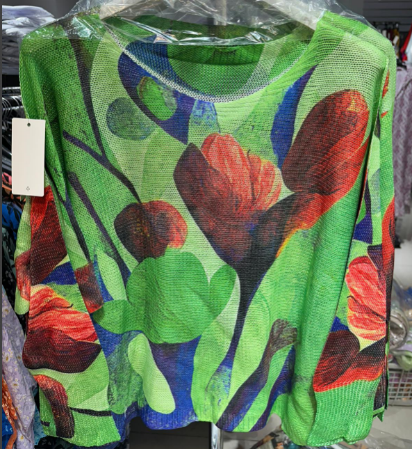 C1005 Green Floral Printed Spring Long Sleeves Sweater