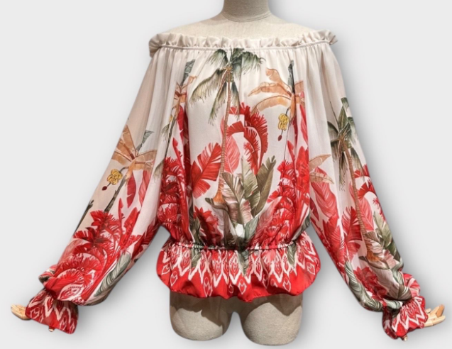 LFBR Italian Off the Shoulder Red tropical Printed Blouse