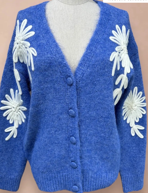 IA90 Blue Floral Embroidered Cozy Cardigan Sweater LOOWIE