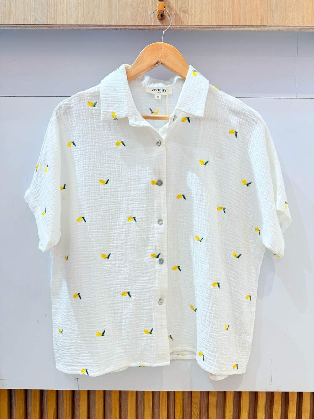 IVA112WH Gauze Cotton Lemon Embroidered Shirt White