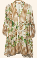 9802VM Brown Floral and Gingham Tiered Dress LOOWIE