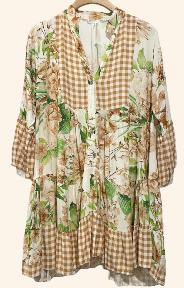 9802VM Brown Floral and Gingham Tiered Dress LOOWIE