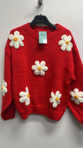 OF11 Red Patched Daisy Floral Knitted Sweater LOOWIE