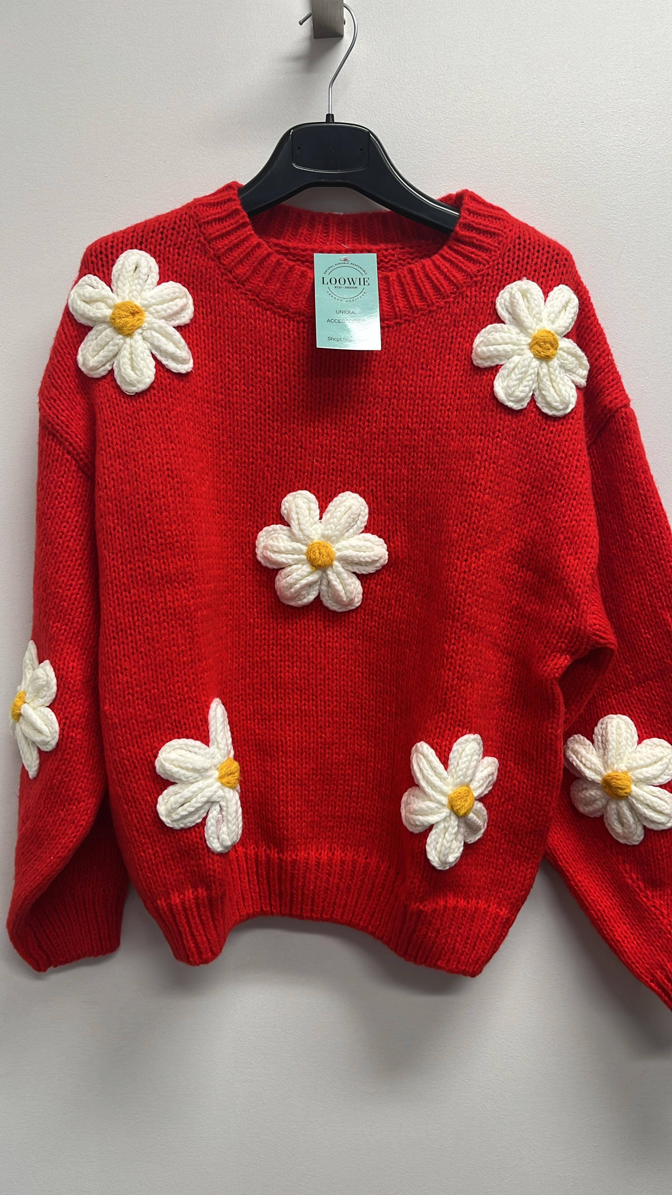 OF11 Red Patched Daisy Floral Knitted Sweater LOOWIE