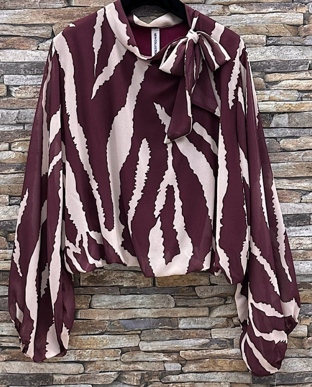 E834 Italian Geometric Wine Print Bow-Tie Blouse LOOWIE