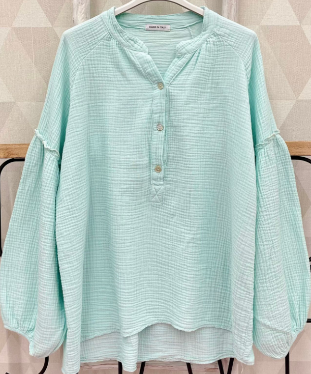 Aqua Gauze Cotton Long-Sleeve Buttoned V-Neck Shirt LOOWIE