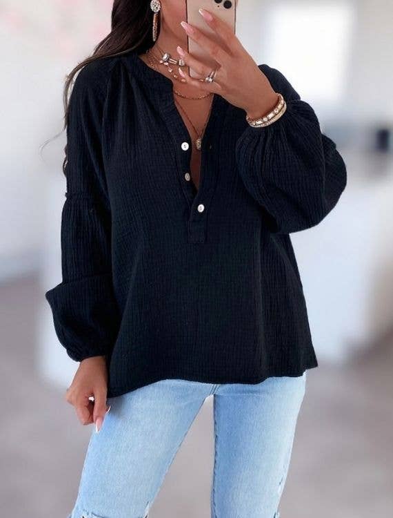 Black Gauze Cotton Long-Sleeve Buttoned V-Neck Shirt LOOWIE