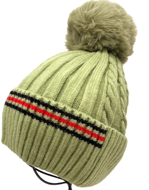 Pistachio 5610 Striped Fake Fur Pom Beanie Hat LOOWIE