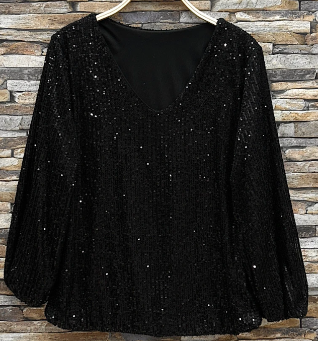 ELSEQB Italian One Size Black Sequined Blouse LOOWIE