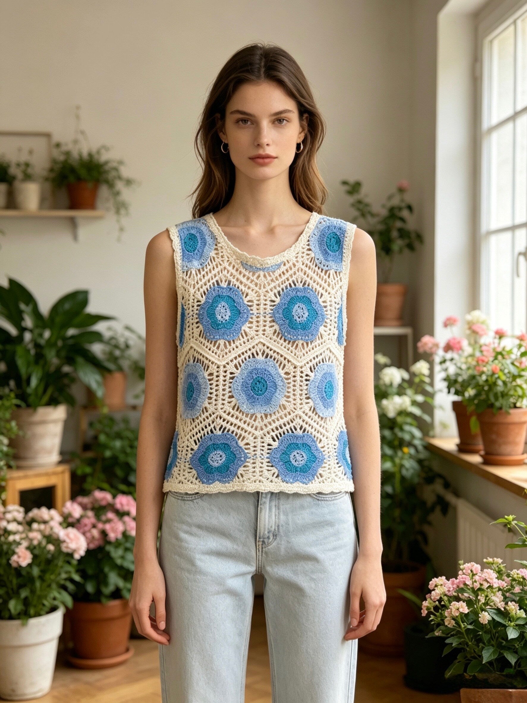 MSCFTBL Floral Crochet Cotton Tank Top Blue