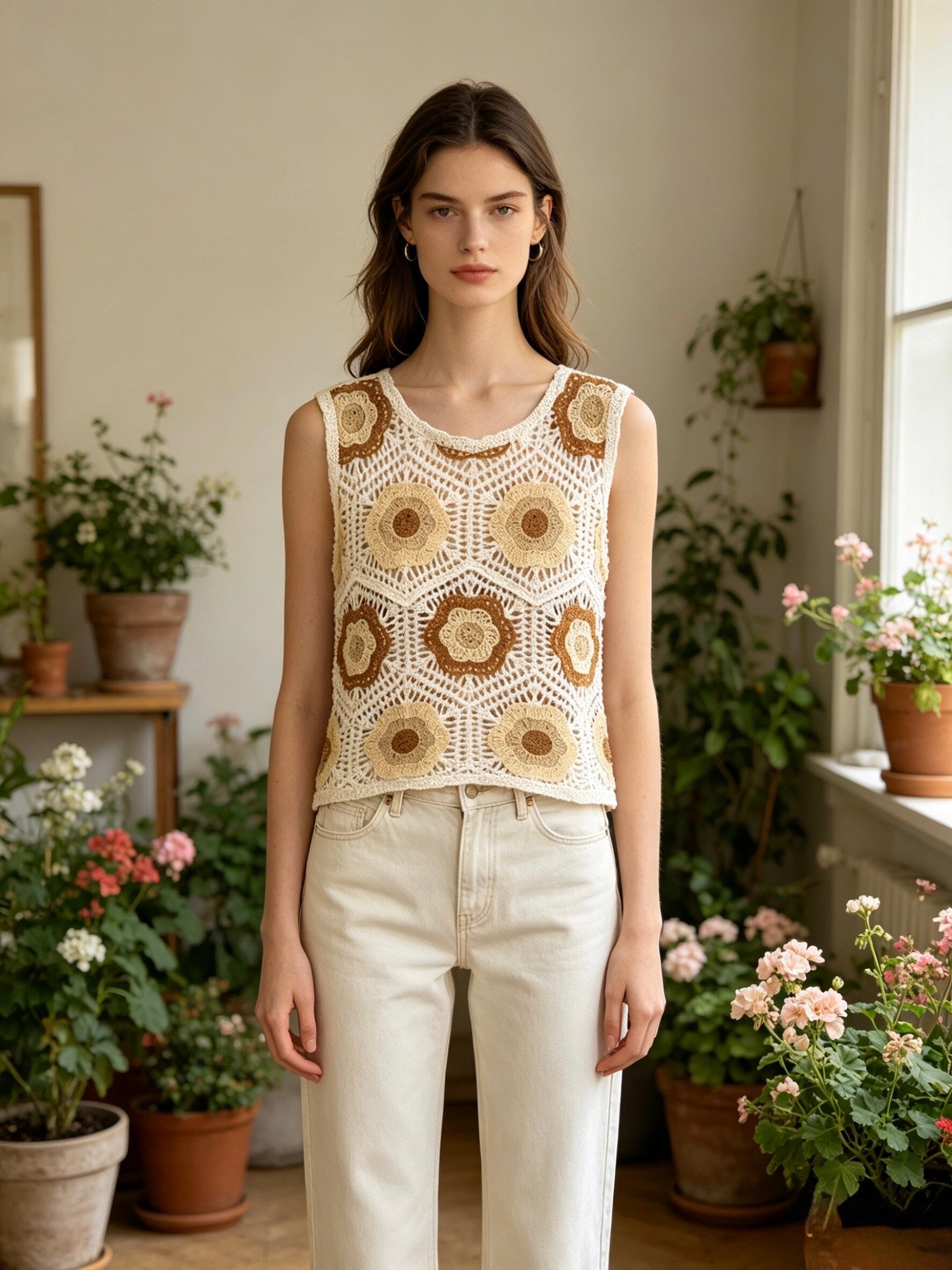 MSCFTCM Floral Crochet Cotton Tank Top Camel