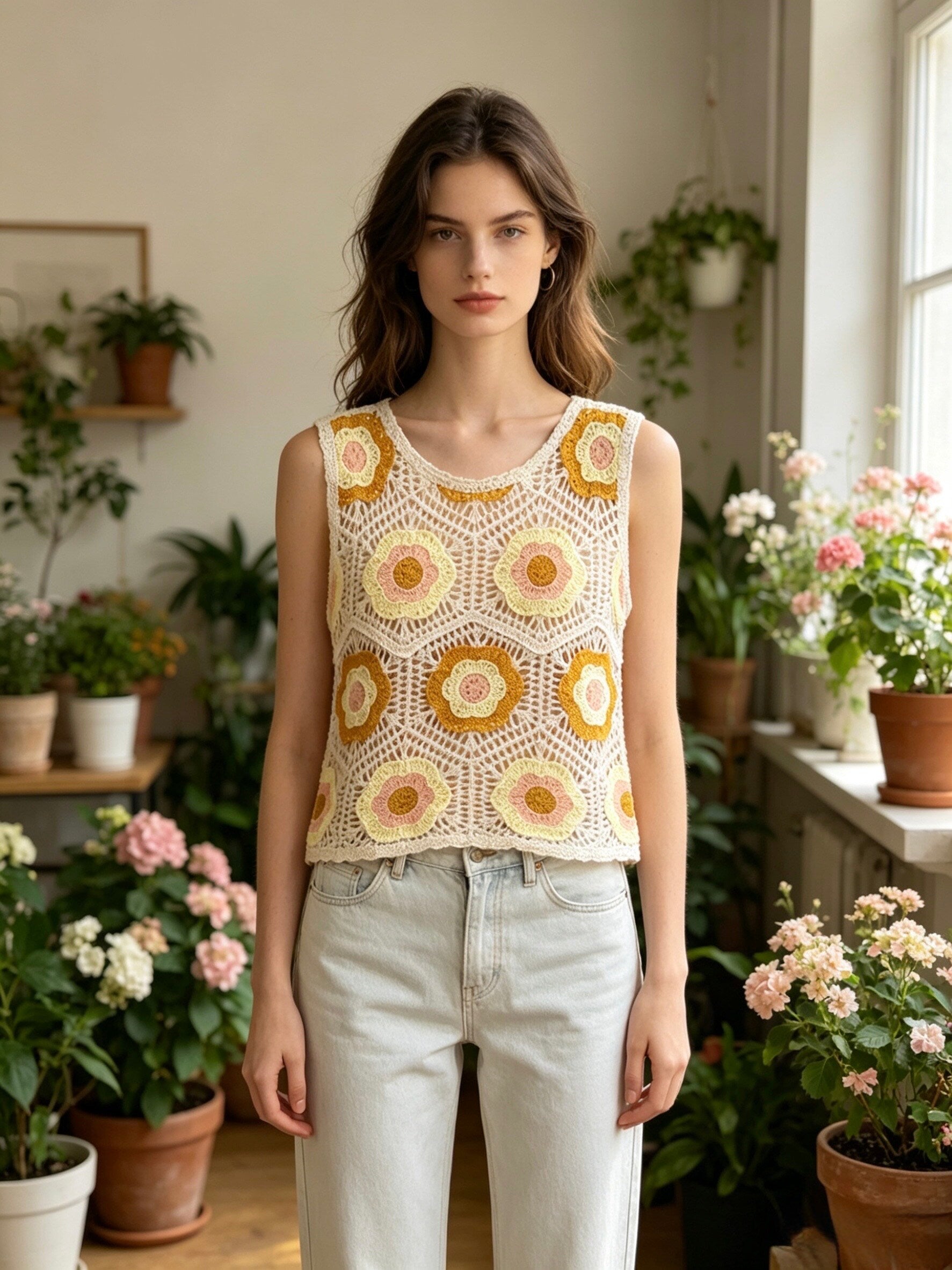 MSCFTYL Floral Crochet Cotton Tank Top Yellow