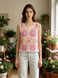 MSCFTPK Floral Crochet Cotton Tank Top Pink