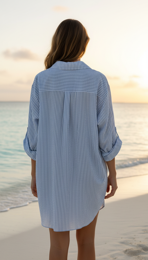 CACCULB Italian Blue Striped Cotton Shirt Dress