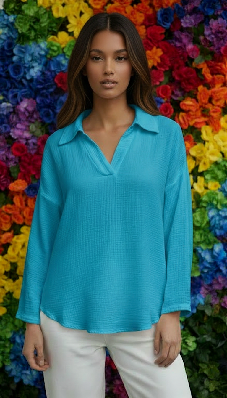 SWGCBT Italian OS Turquoise Gauze Cotton Blouse