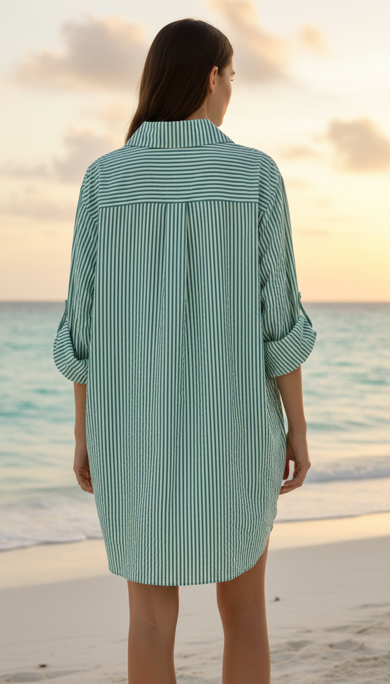 CACCUTG Italian Teal Striped Cotton Shirt Dress