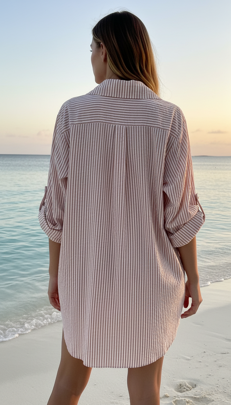 CACCUT Italian Taupe Striped Cotton Shirt Dress