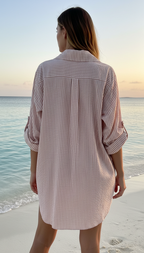 CACCUT Italian Taupe Striped Cotton Shirt Dress