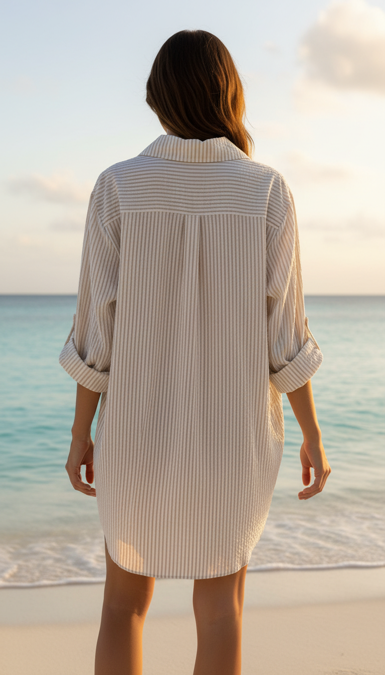 CACCUI Italian Ivory Striped Cotton Shirt Dress