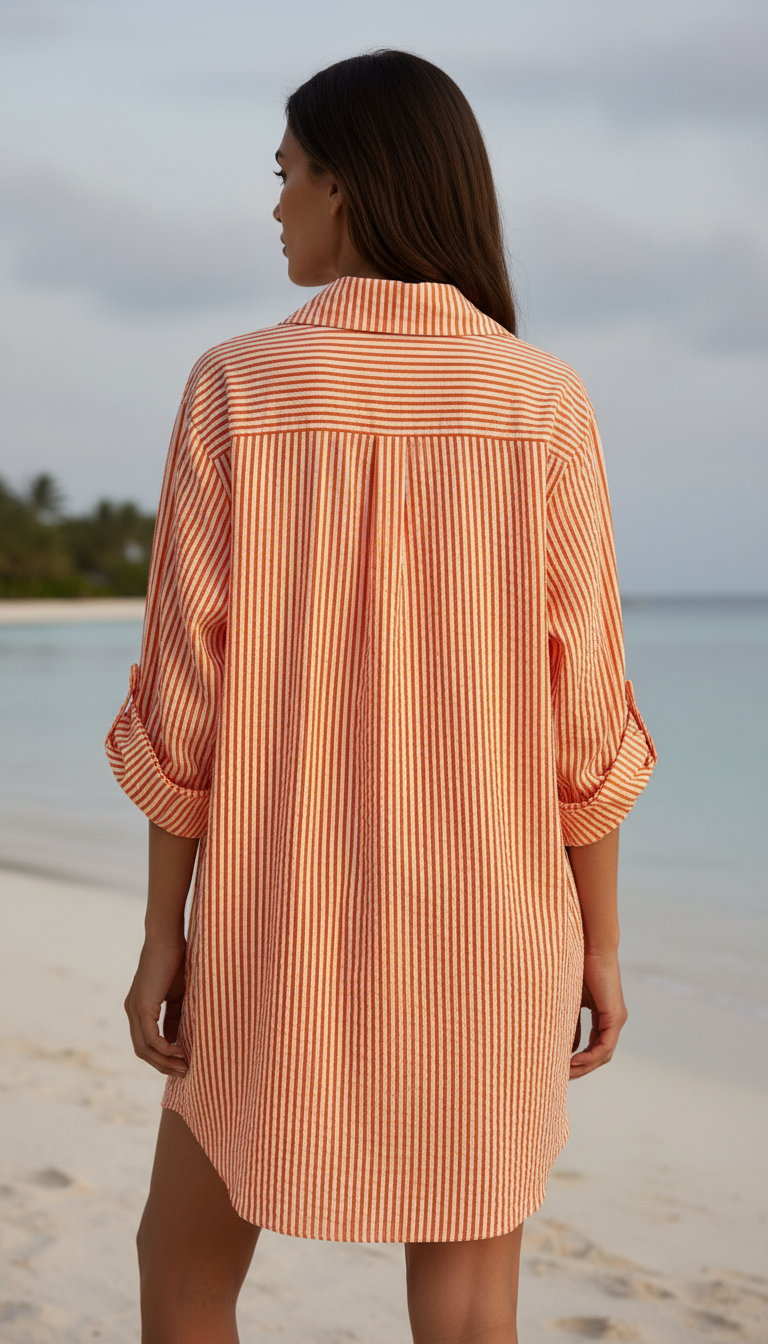 CACCUO Italian Orange Striped Cotton Shirt Dress
