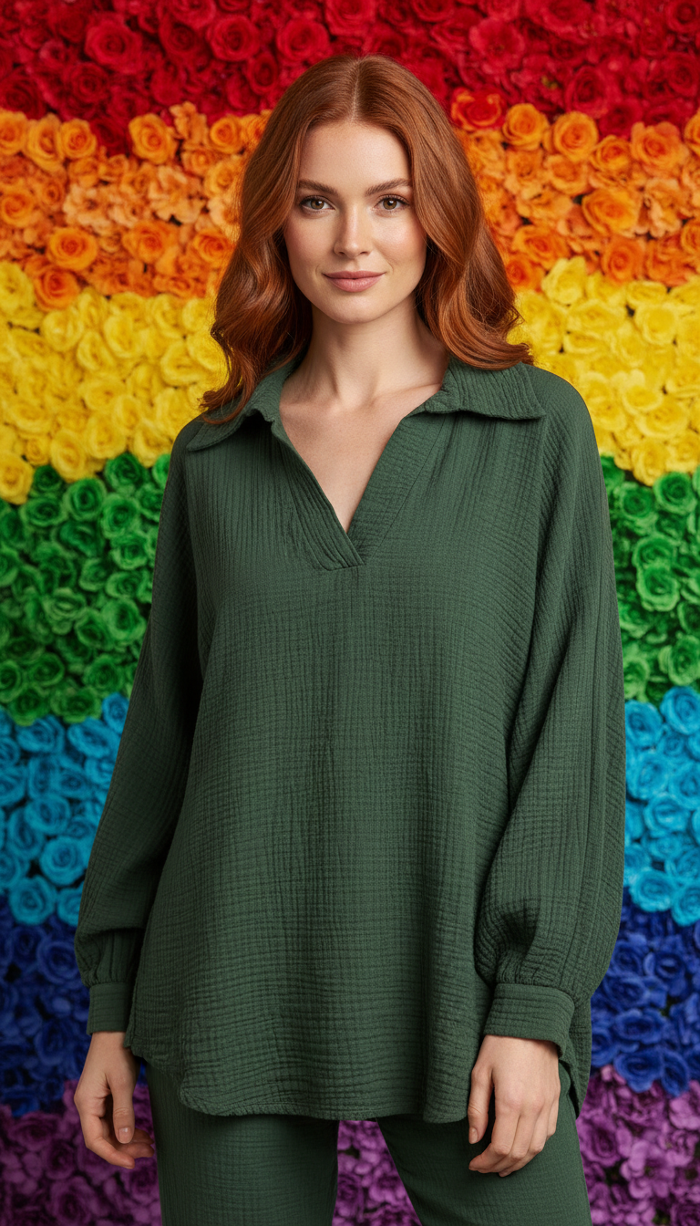 SWGCFG Italian OS Green Gauze Cotton Blouse
