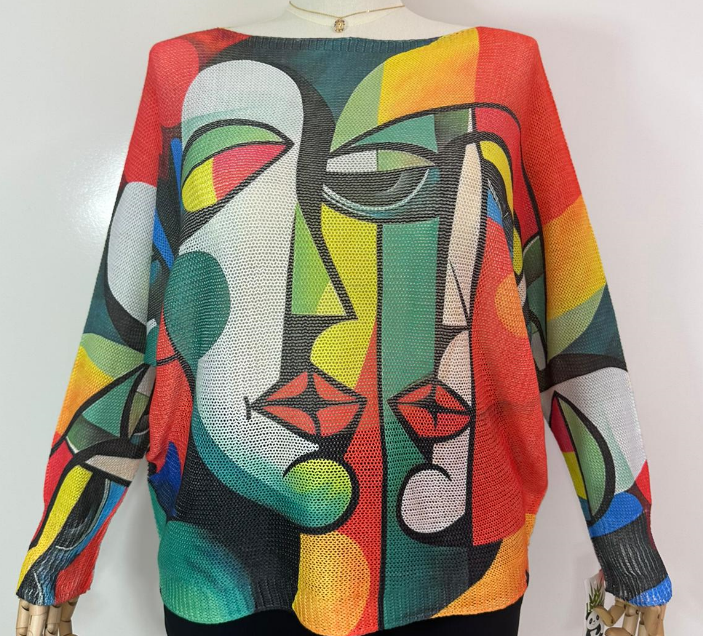 ZBX41 One Size Orange Face "Picasso Printed Sweater LOOWIE