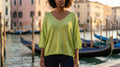 POSLI Italian One Size Lime Shiny Lurex Knit V-Neck Sweater