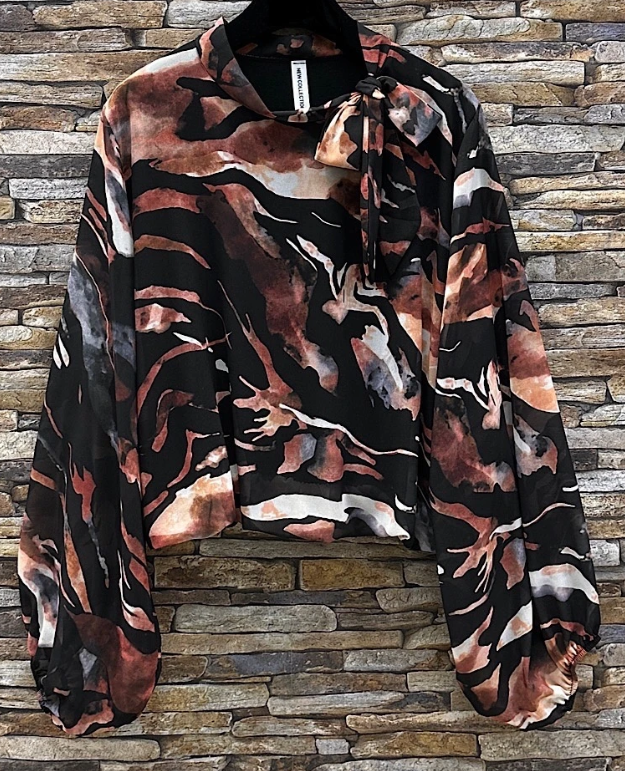 E839 Italian Geometric Brown Print Bow-Tie Blouse LOOWIE