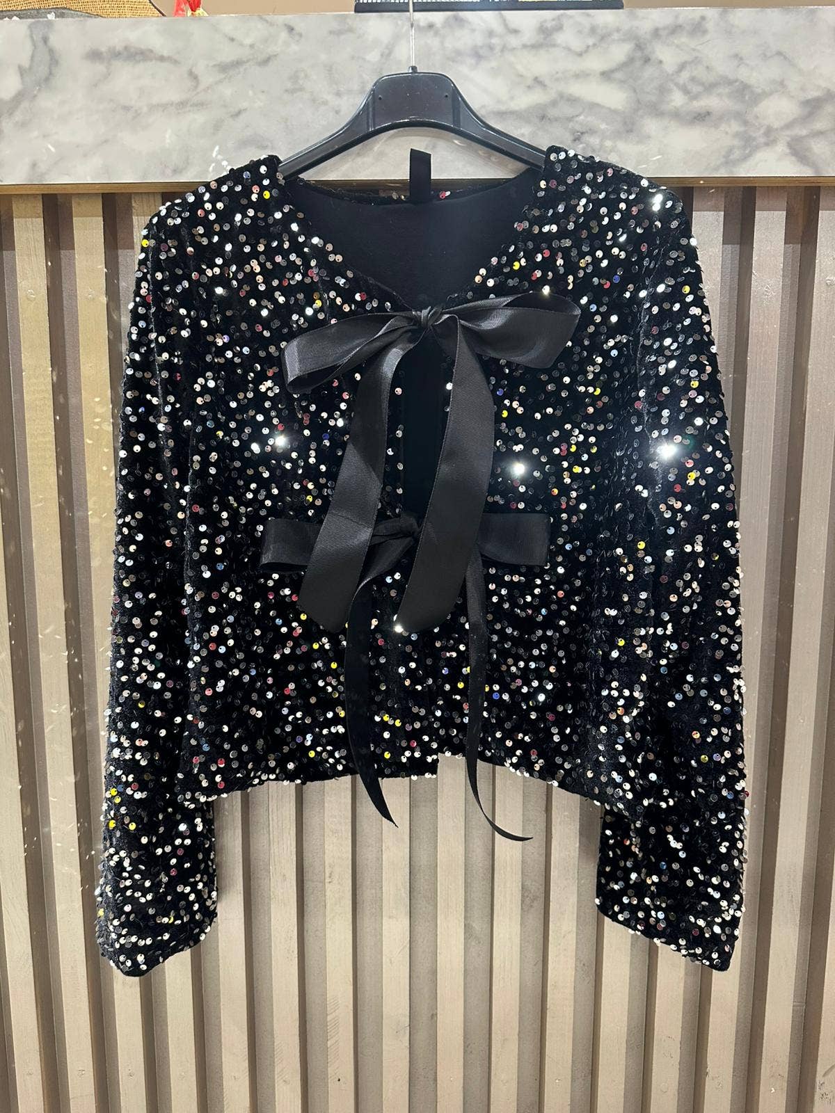 VISEQBS Italian One Size Starlit Sequin Bow Cardigan Black