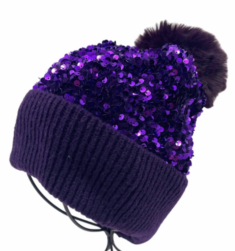 Purple 92-9 Sequins Fake Fur Pom Beanie Hat LOOWIE