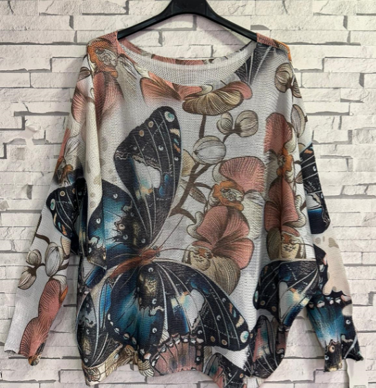 Z2016 One Size Peach Butterfly Printed Sweater LOOWIE
