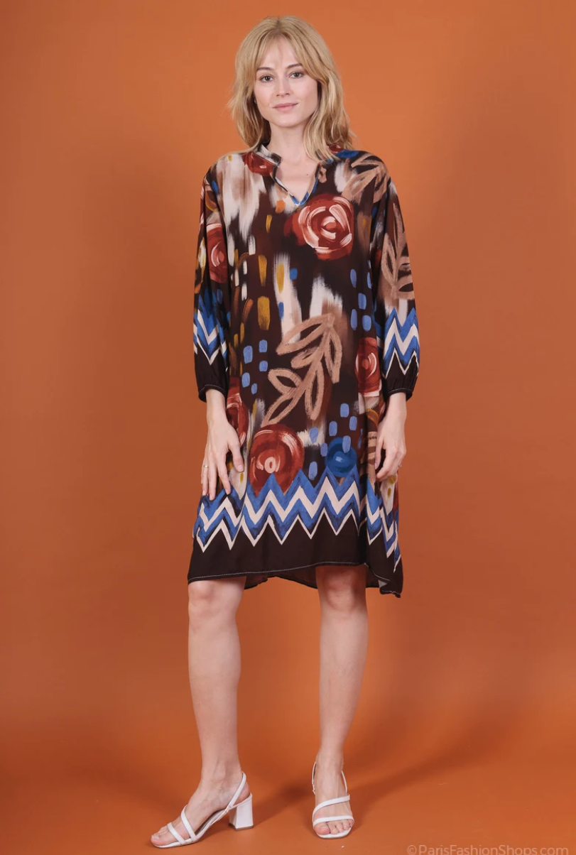 NBDDB Dark Brown Italian Abstract Bloom Tunic Dress Viscose