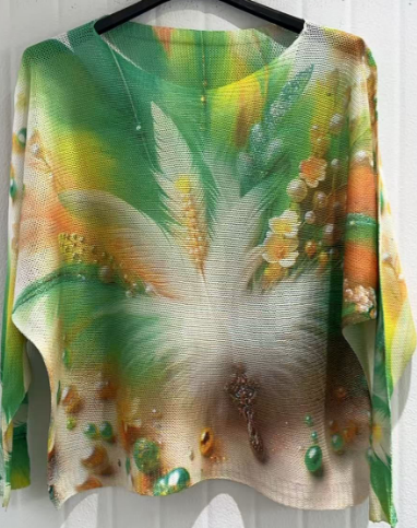 COFEA Green Feather Round Knit Printed Sweater LOOWIE