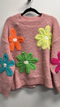 OF4 Colorful Fuzzy Pink Floral Knitted Sweater LOOWIE