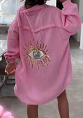 E622 Pink Oversized Evil Eye Gauze Cotton Button Shirt