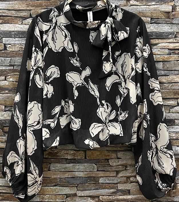 ELLY Italian One Size Black Floral S/M Printed Blouse