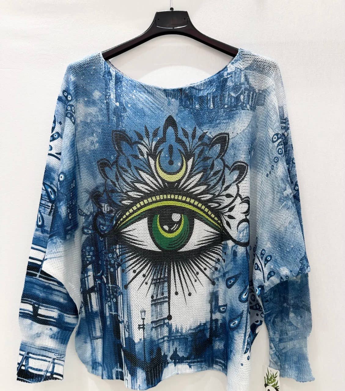 163 Blue Denim Eye Round Knit Printed Sweater LOOWIE