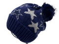 BO822 Navy Blue Stars w/Fake Fur Pom Beanie Hat LOOWIE