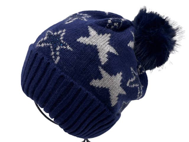 BO822 Navy Blue Stars w/Fake Fur Pom Beanie Hat LOOWIE