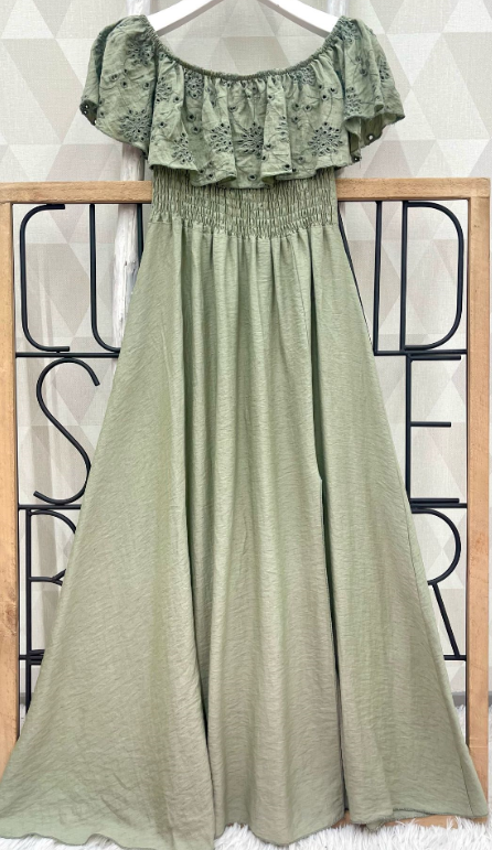SW512O Olive Off-the-Shoulder Ruffled Eyelet Maxi Dress