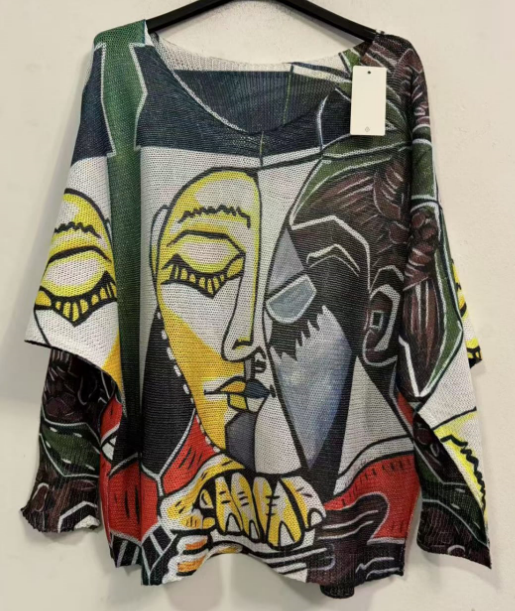 POPIC Black " PICASSO"  V-Neck Knit Printed Sweater LOOWIE