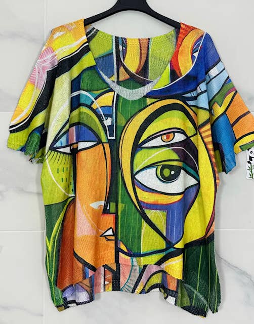 2118 "Picasso" V-Neck Knit Printed Short Sleeves Sweater