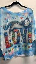 POCATLOV  Blue Love Cat Round Knit Printed Sweater