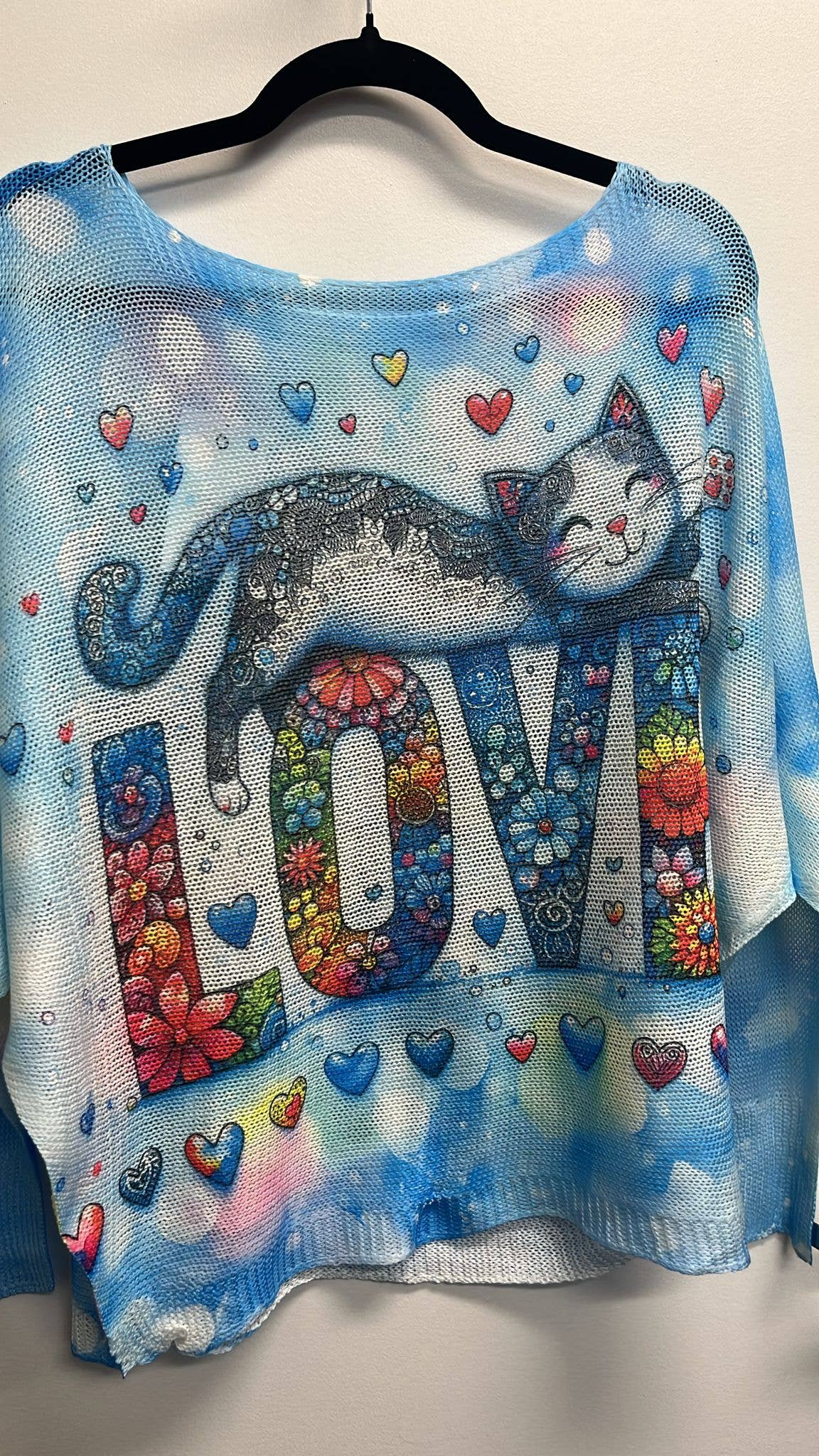 POCATLOV  Blue Love Cat Round Knit Printed Sweater