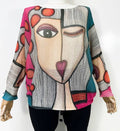 ZPS6 PLUS SIZE Pink Teal " Picasso" Printed Sweater LOOWIE