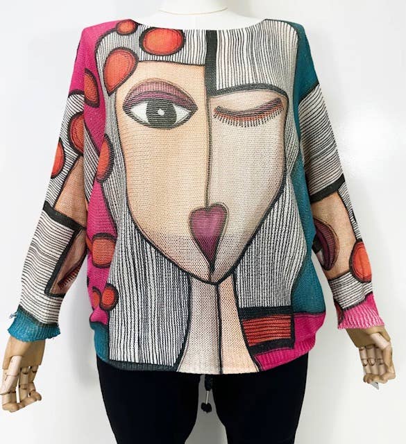 ZPS6 PLUS SIZE Pink Teal " Picasso" Printed Sweater LOOWIE